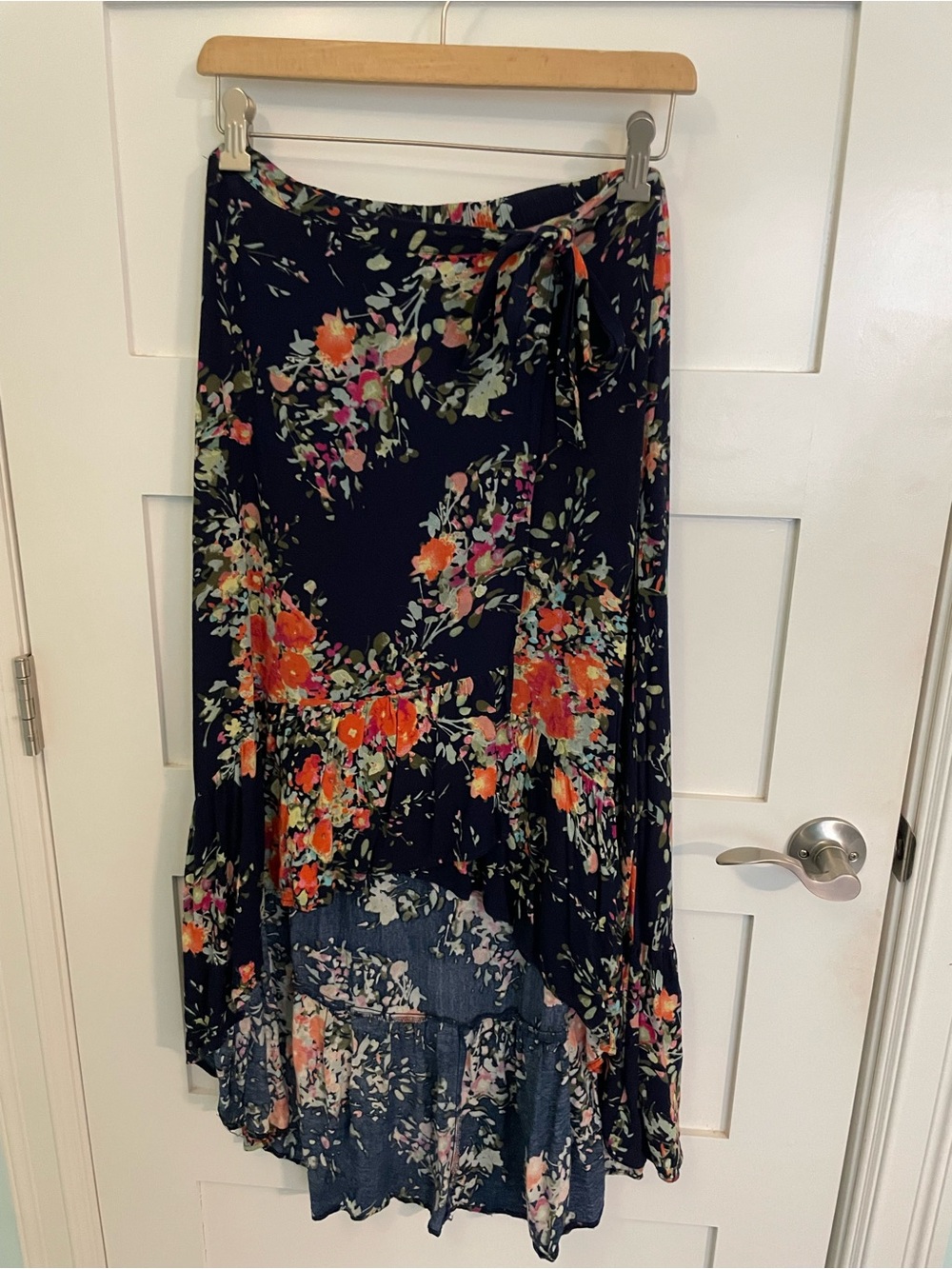 On The Road Navy Floral High-Low Wrap Skirt